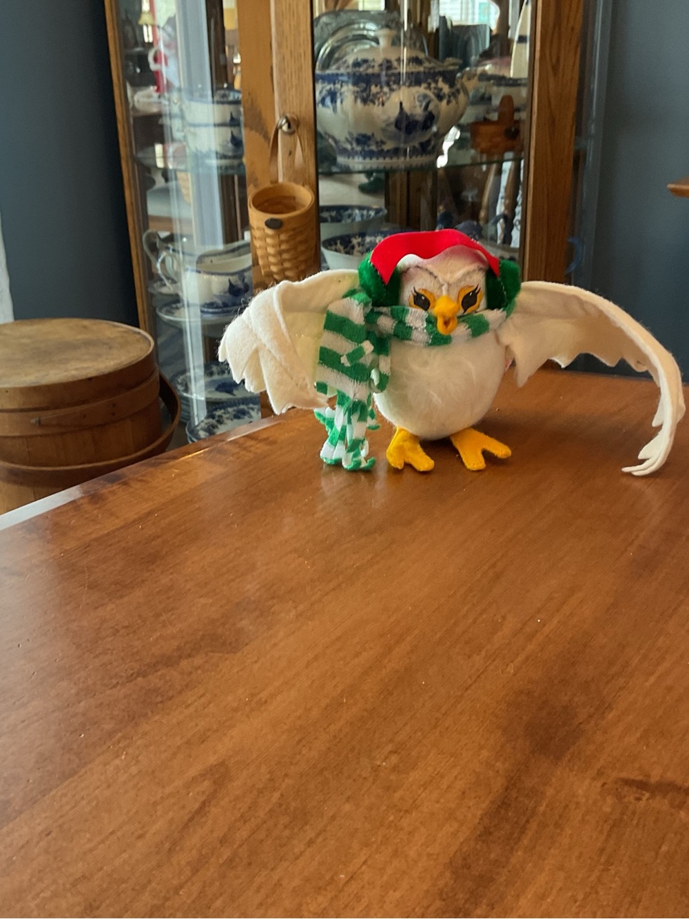 Annalee Vintage White Owl Holiday Plush with Red Hat and Green Scarf